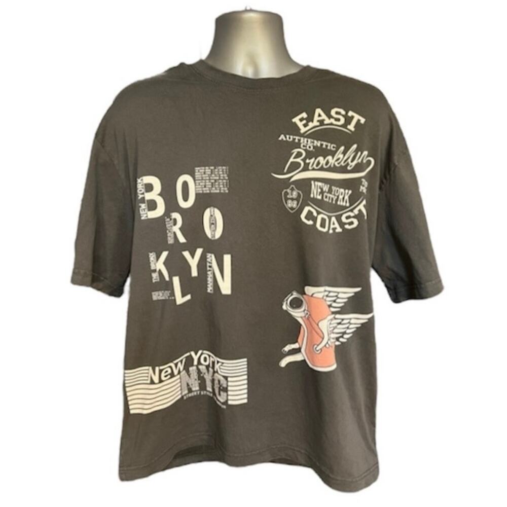 American Garage Cotton Boxy Fit Discharge Print Tee Beluga New York Size L